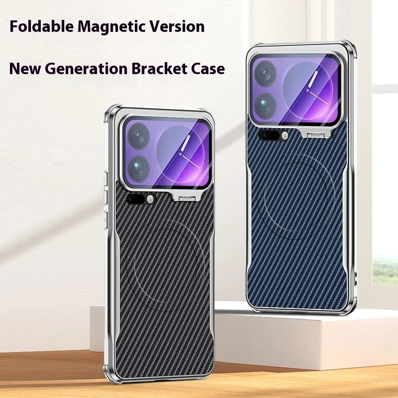 Foldable magnetic kickstand cases for Xiaomi 17 Pro Max in black and blue carbon fiber finish.