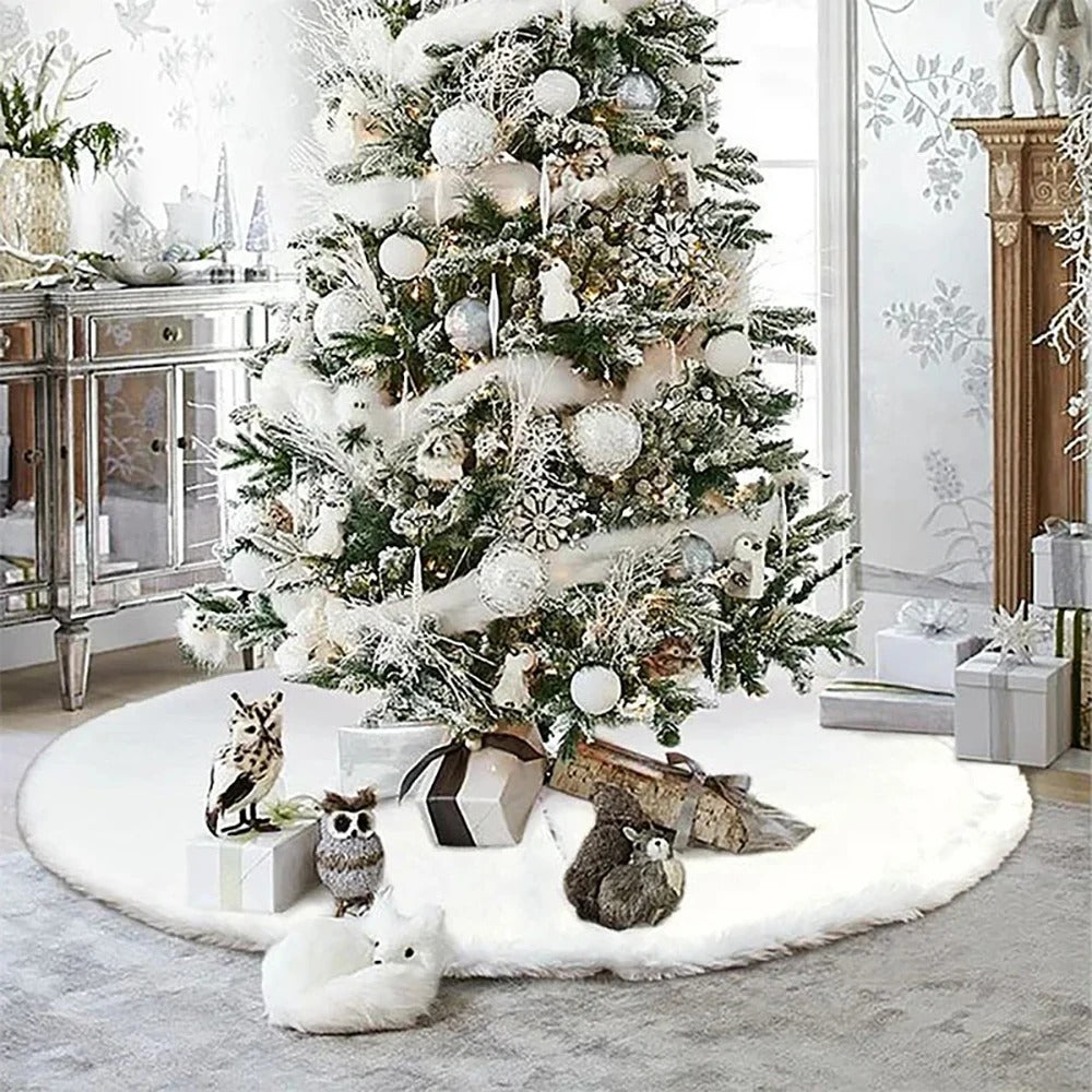 Luxury White Faux Fur Christmas Tree Skirt 48 Inch diameter beneath a flocked Christmas tree.