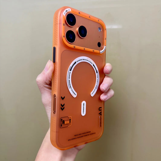 Orange Frosted Translucent MagSafe Case with Metal Kickstand for iPhone 17 Pro Max.
