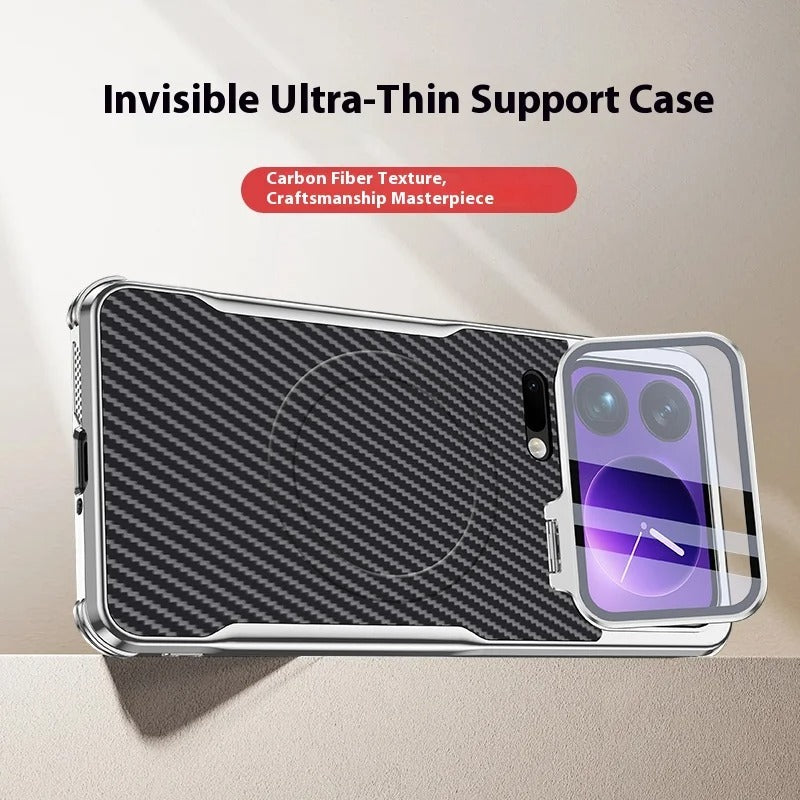 Black carbon fiber magnetic case for Xiaomi 17 Pro Max with built-in camera protection stand.