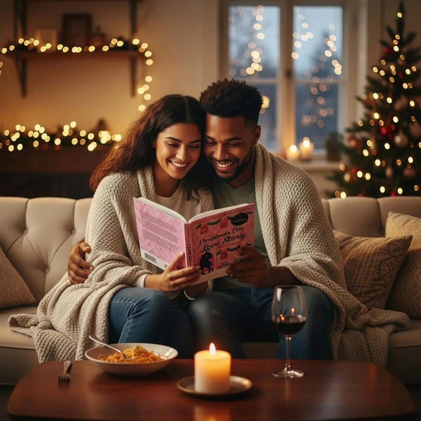 Couple reading a book together on a cozy couch with Christmas eve love story book