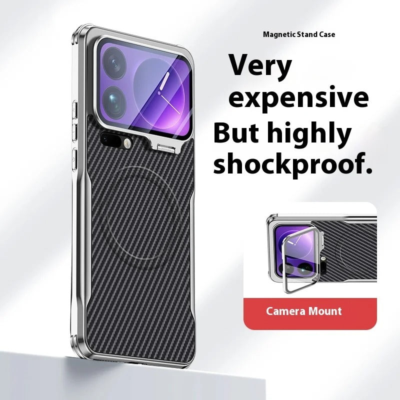Blue carbon fiber MagSafe compatible case for Xiaomi 17 Pro Max showing the foldable bracket.