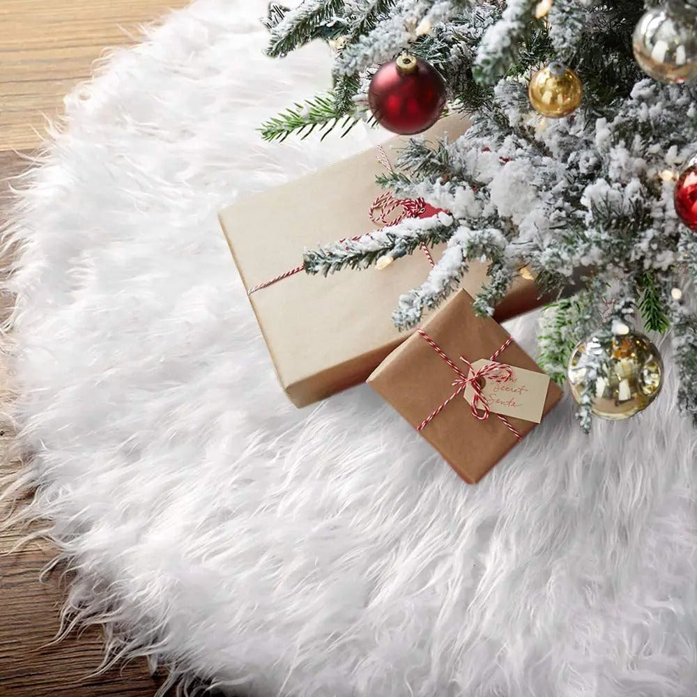 Close-up of soft shaggy high-pile white plush faux fur texture on Xmas tree base mat.