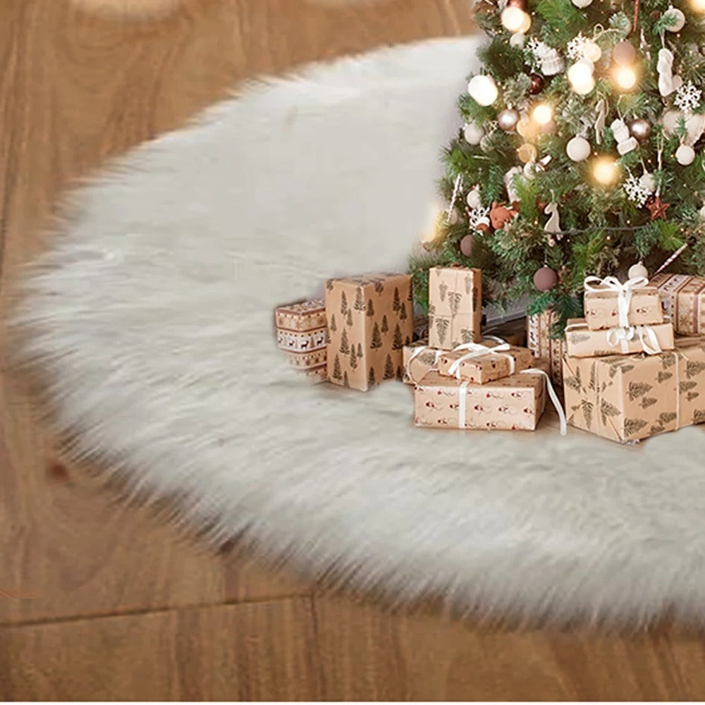 Close-up of soft shaggy high-pile white plush faux fur texture on Xmas tree base mat.